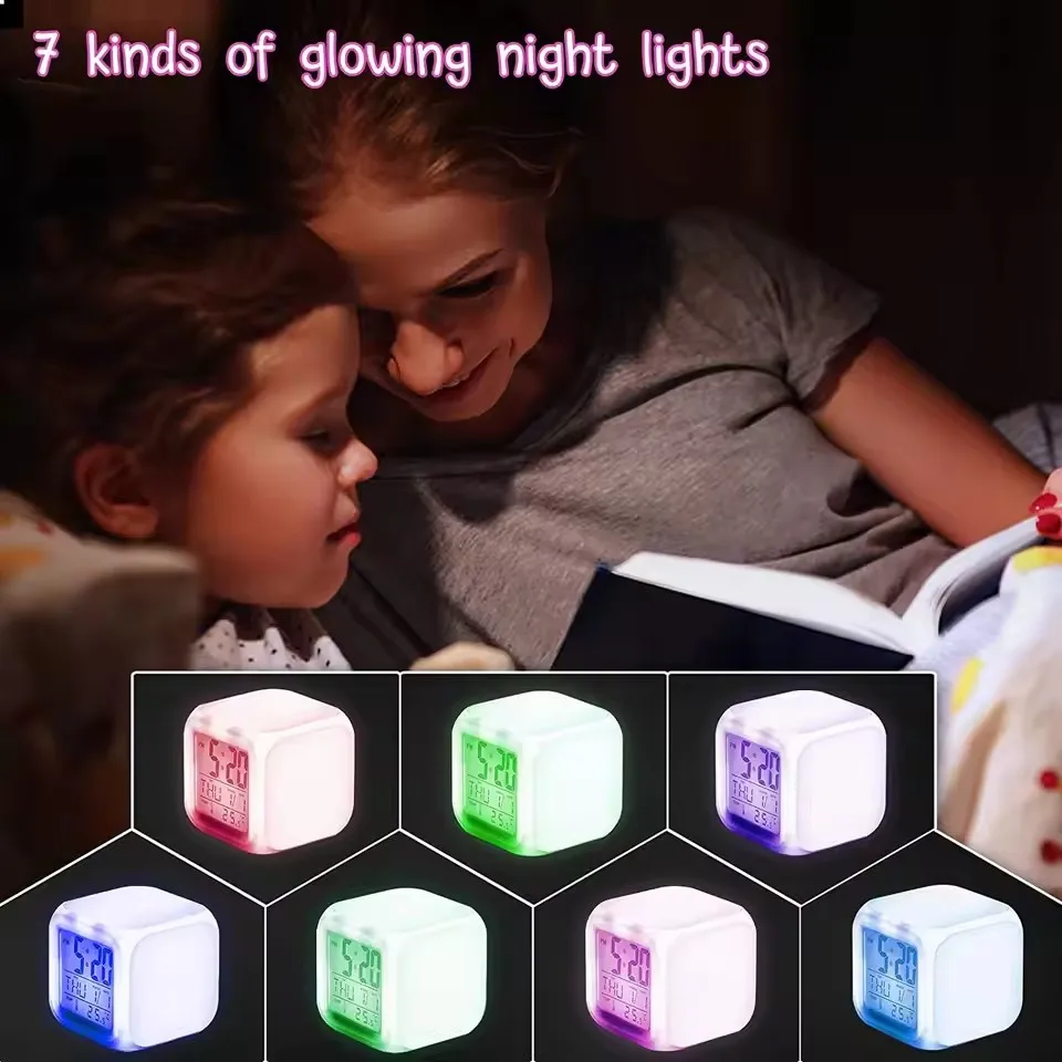 LED Digital Alarm Clock Mini Desk Cube Clock with Colorful Lights Multi-function Alarm Clocks with Calendar Temperature Display