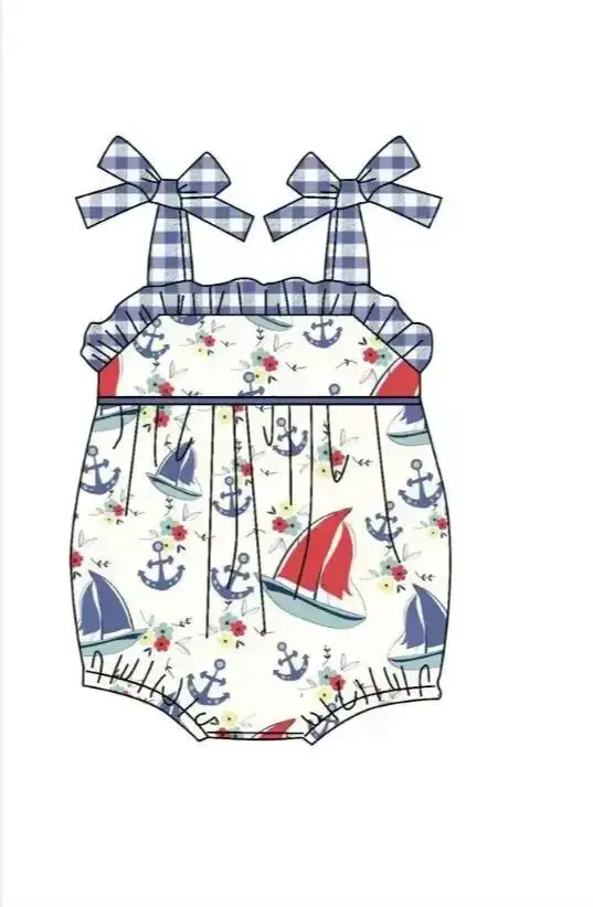 New boutique children's set suspender bow sailboat print shorts lace girl set baby jumpsuit dress