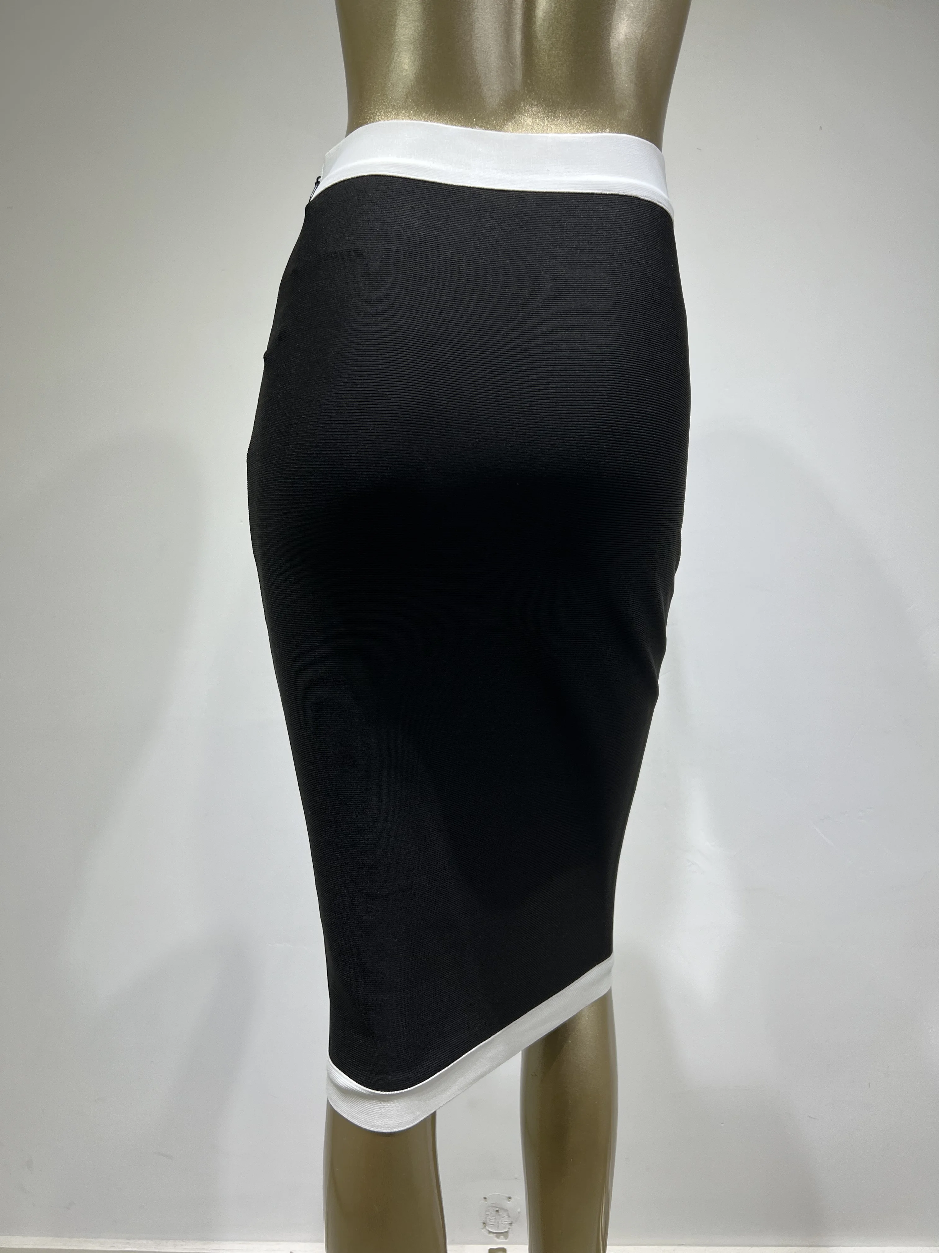 Women Elastic Bandage Skirt Black White High Waist Gold Buttons Elegant Pencil Skirts Office Lady Formal Business Wear