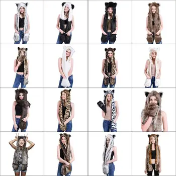 후드 스카프 모자 넥워머(주머니 장갑 포함) 동물 귀 플러시 귀덮개 모자