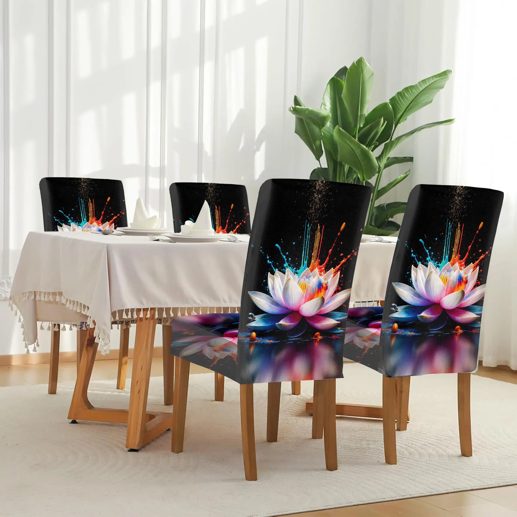 

Чехол для обеденного стула Stretch White Lotus с цветным принтом, съемный, моющийся, для домашнего использования