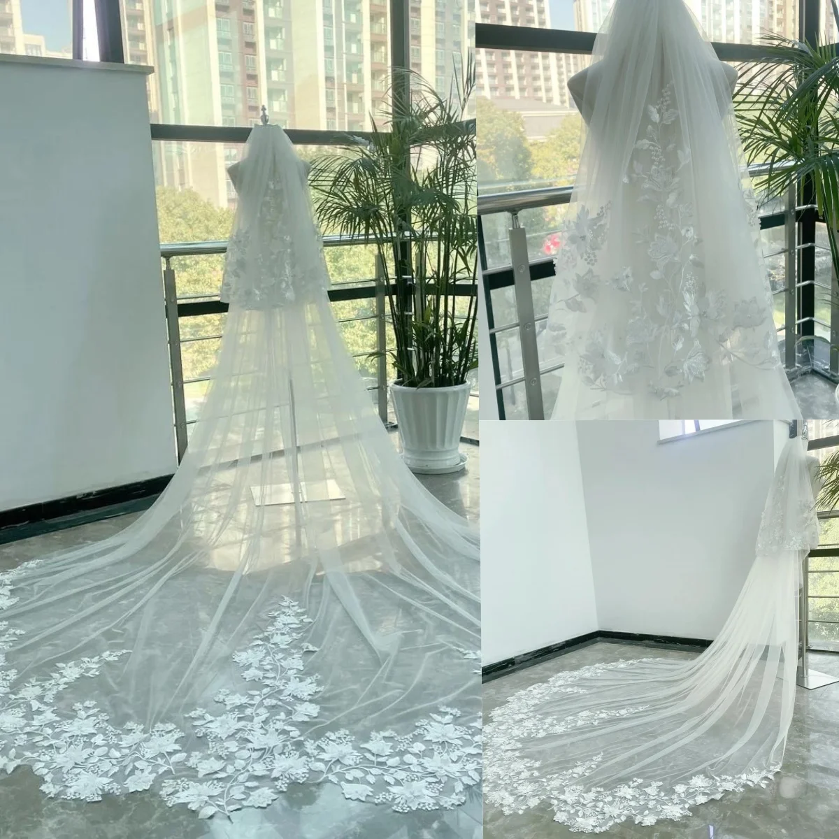 

Graceful Lace Appliques Edge Bridal Veils Two Layer Cathedral Length Wedding Veils Marriage Accessories