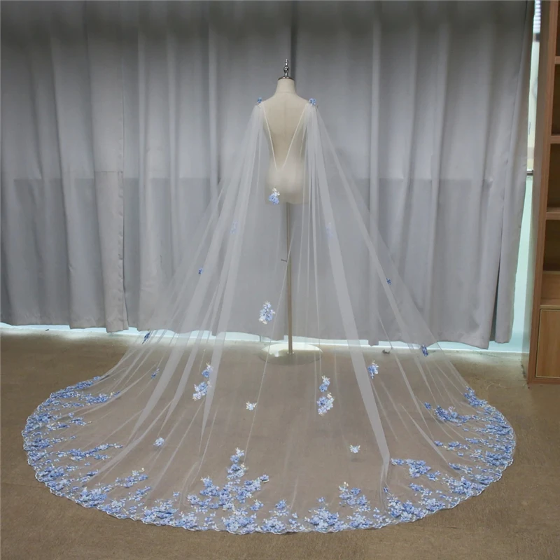 

Something Blue 3D Flowers Bridal Draped Shoulder Wedding Cape Veils Ivory White Tulle Cathedral For Brides Accessories Unique