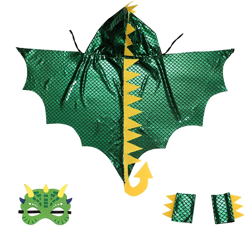 Unisex Green Dinosaur Cape Dragon Hooded Cloak Halloween Costumes Christmas Fancy Cloak Role Play Costumes Boys Girls