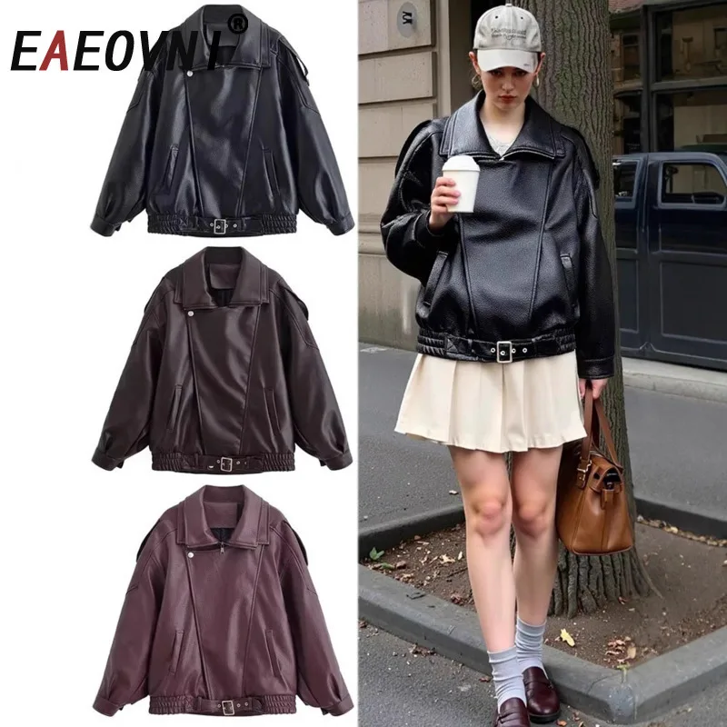 

EAEOVNI High Street Leather Jacket Women Fashion Lapel Patchwork Zipper Design Gathered Waist Coat Streetwear New Clothing