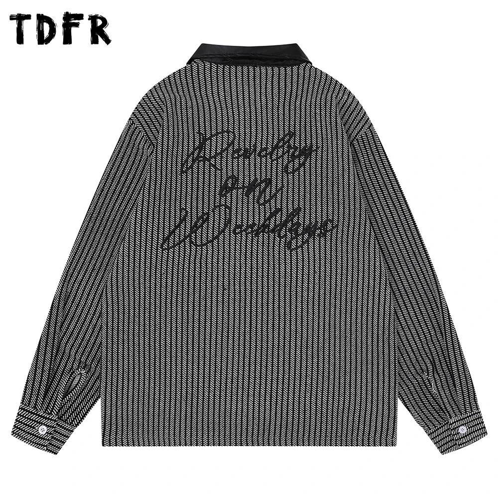 Retro Letter Embroidery Striped Shirts Mens Autumn Casual Loose Single Breasted Spliced Lapel Long Sleeve Shirts Man