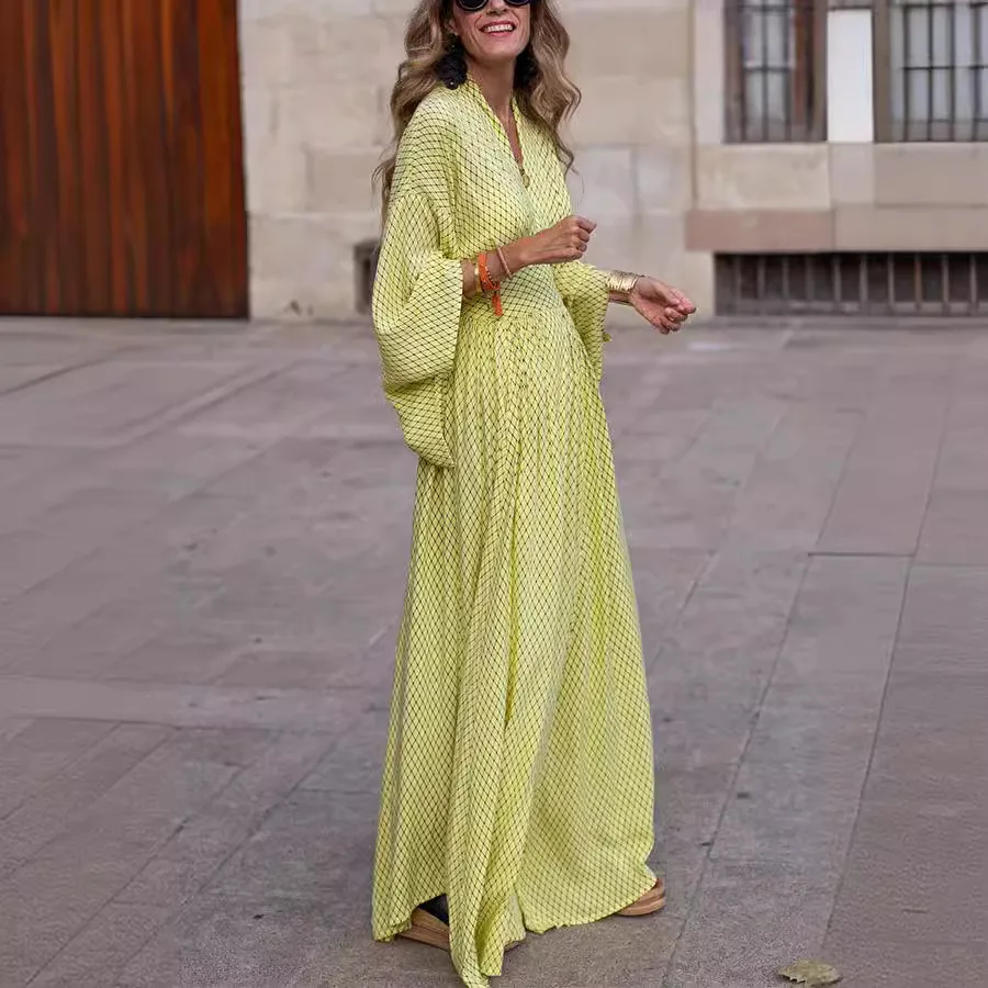 

Vintage Boho Women's Casual Dress Sping Fall Fashion V-neck Lantem Sleeve Folds Waist Loose Maxi Streetwear Loose Robe Femme