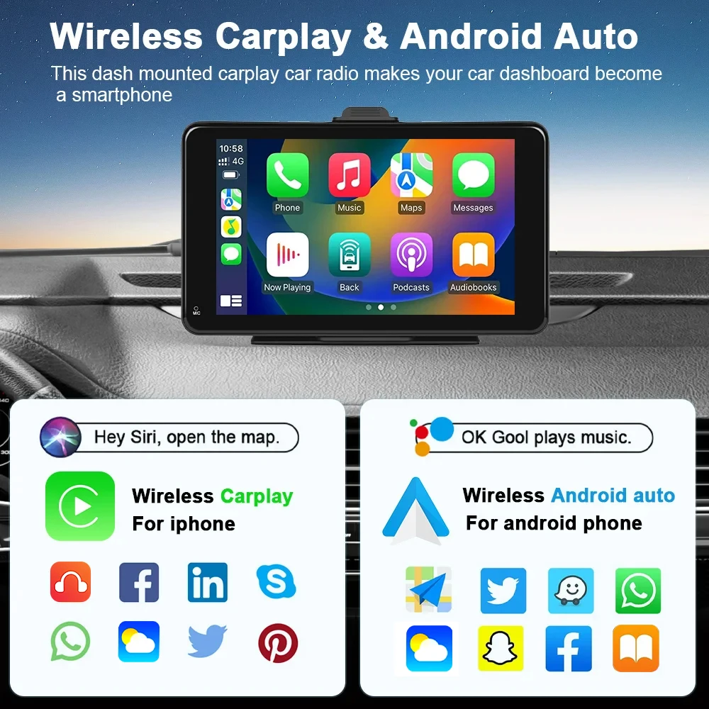 Podofo Wireless Carplay Android Auto Car Radio Multimedia Player for Universal 7'' Portable Touch Screen With AUX USB BT