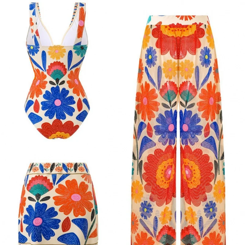 2026New women's swimwear with bohemian print, resort-style long pants and short skirt fashion swimsuit set