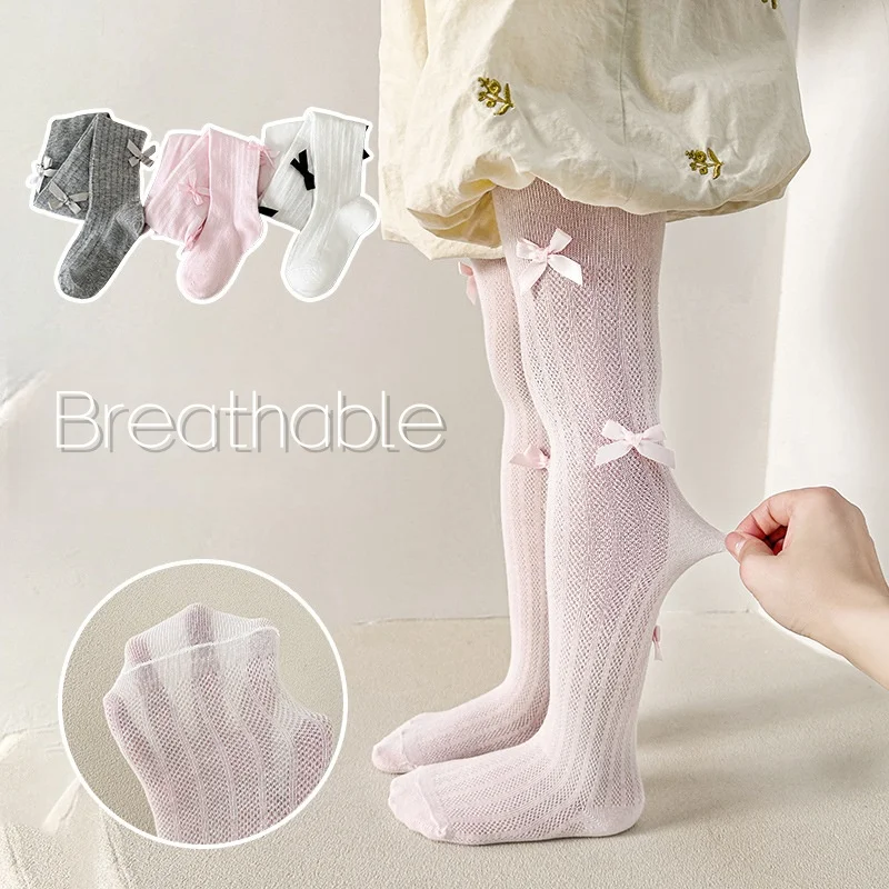 Lightweight Stretchy Pantyhose Toddler Kids Girls Tights Summer Cute Bow Decoration Breathable Mesh Design Soft Children Clothes