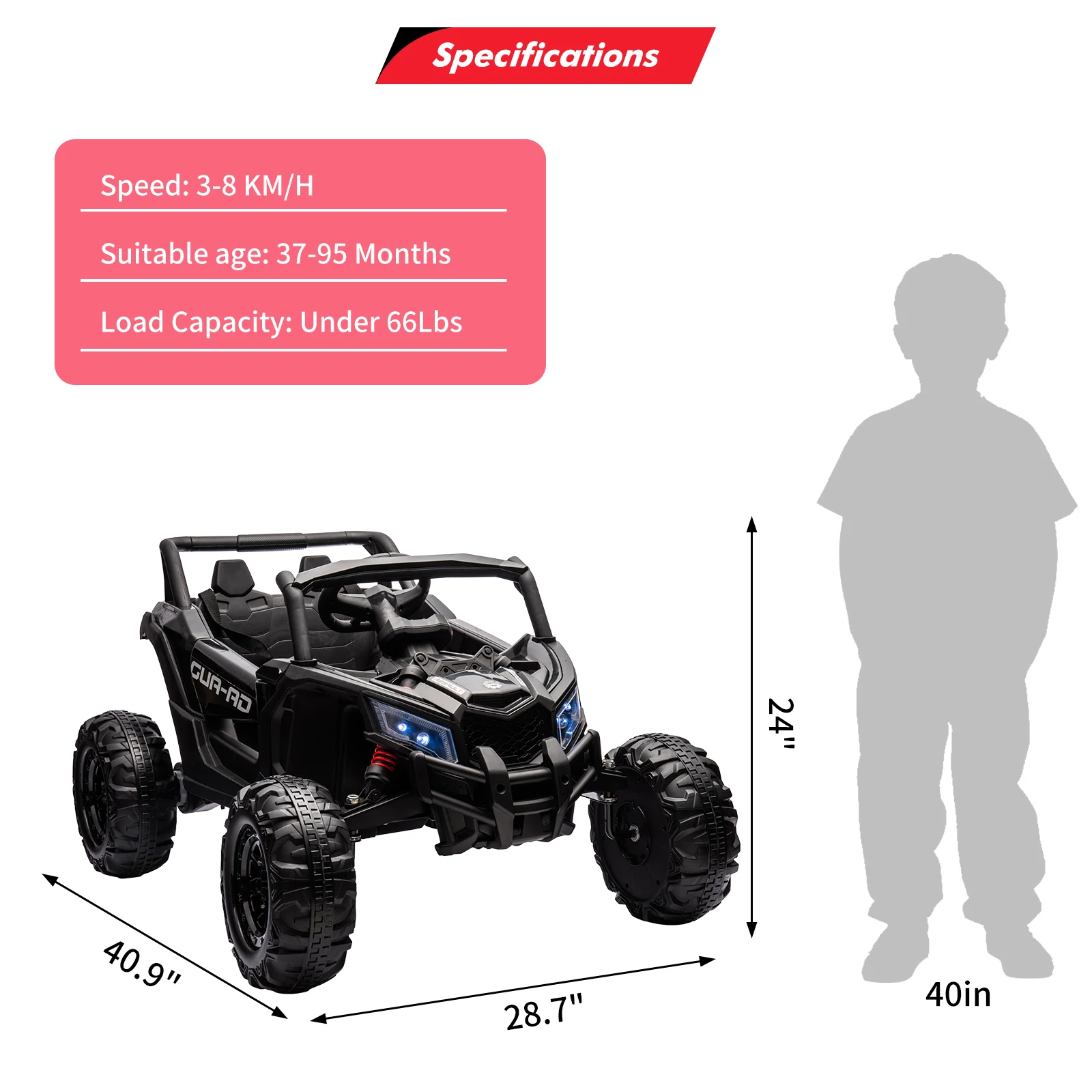 Ride on Car, Voiture UTV électrique tout-terrain à batterie 24 V avec télécommande, moteur 200 W, suspension à ressort, musique, lumières LED
