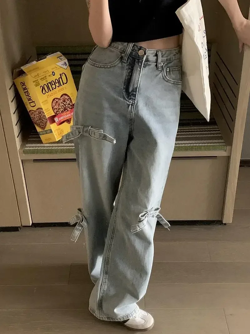 Korean Vintage Denim Pants Sweet Bow Wide Leg Pant High Waist Y2k Straight Loose Jeans Women Streetwear Chic Light Blue