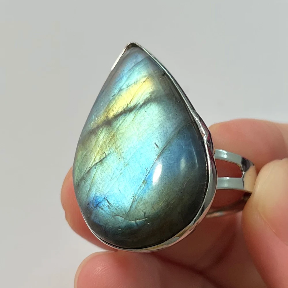 Ring Natural Stone Irregular Shape Bead Blue Purple Labradorite Ring Adjustable Finger Ring For Women Men Jewelry Gift Cabochon