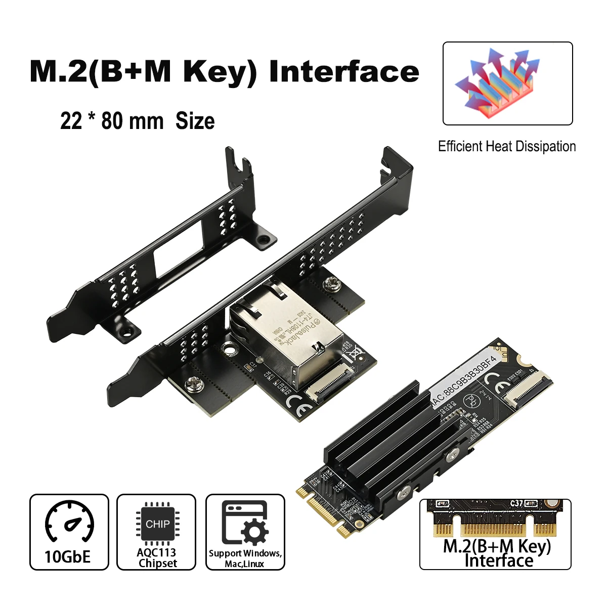 IOCREST 단일 포트 네트워크 카드, 산업 제어 등급 서버 네트워크 카드, M.2 B + M, RJ45 이더넷 네트워크 어댑터, AQC113, 10GbE