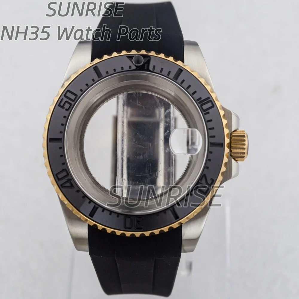 Gold 40mm Dive Watch Case Sapphire For Yacht-Master GMT SUB Seiko NH34 NH35 NH36 Movement Rubber Strap Men Watch Case MOD Parts
