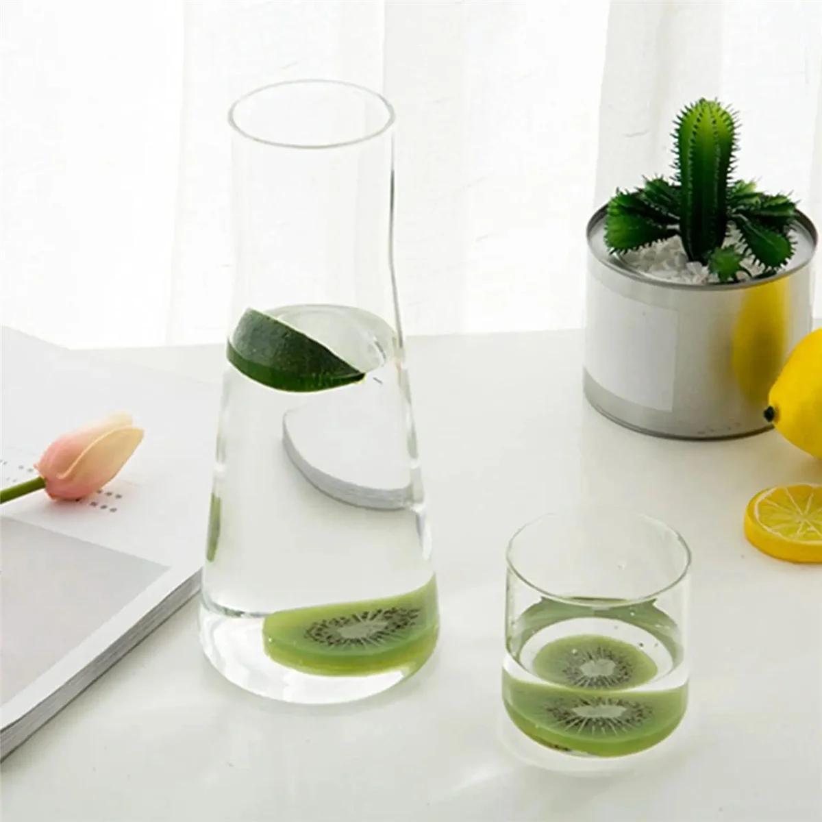 Juego de jarra de agua transparente para mesita de noche, vaso de vidrio para dormitorio, juego de tazas