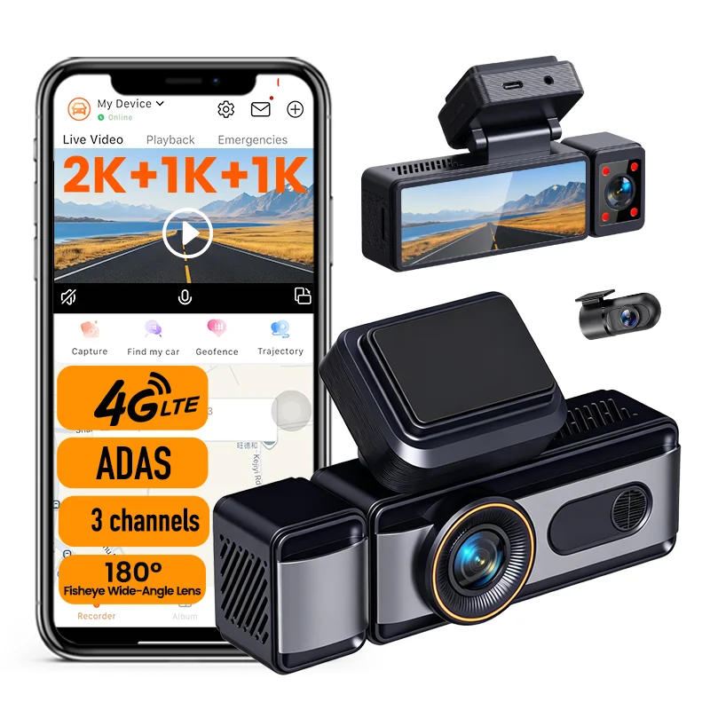 3 Channels 4G AI Dash Camera ADAS DMS Triple Lens Front+ Cabin IR Night Vision FishEye Lens+Rear GPS Tracking 4G Car Camera DVR