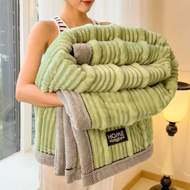 Solid Colour Rabbit Plush Striped Autumn Winter Warm Blankets Soft Fluffy Warmth Sofa Blankets for Throw Napping Shawl Blanket