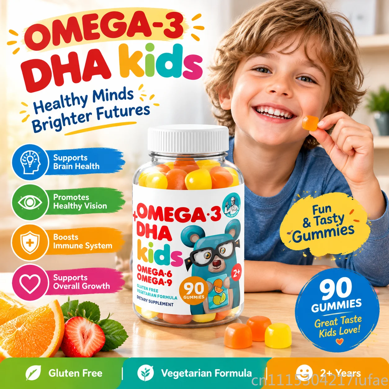 Omega 3 DHA Gummies for Kids Omega 6 Omega 9 Vegetarian Brain Support 90 Count Supplement