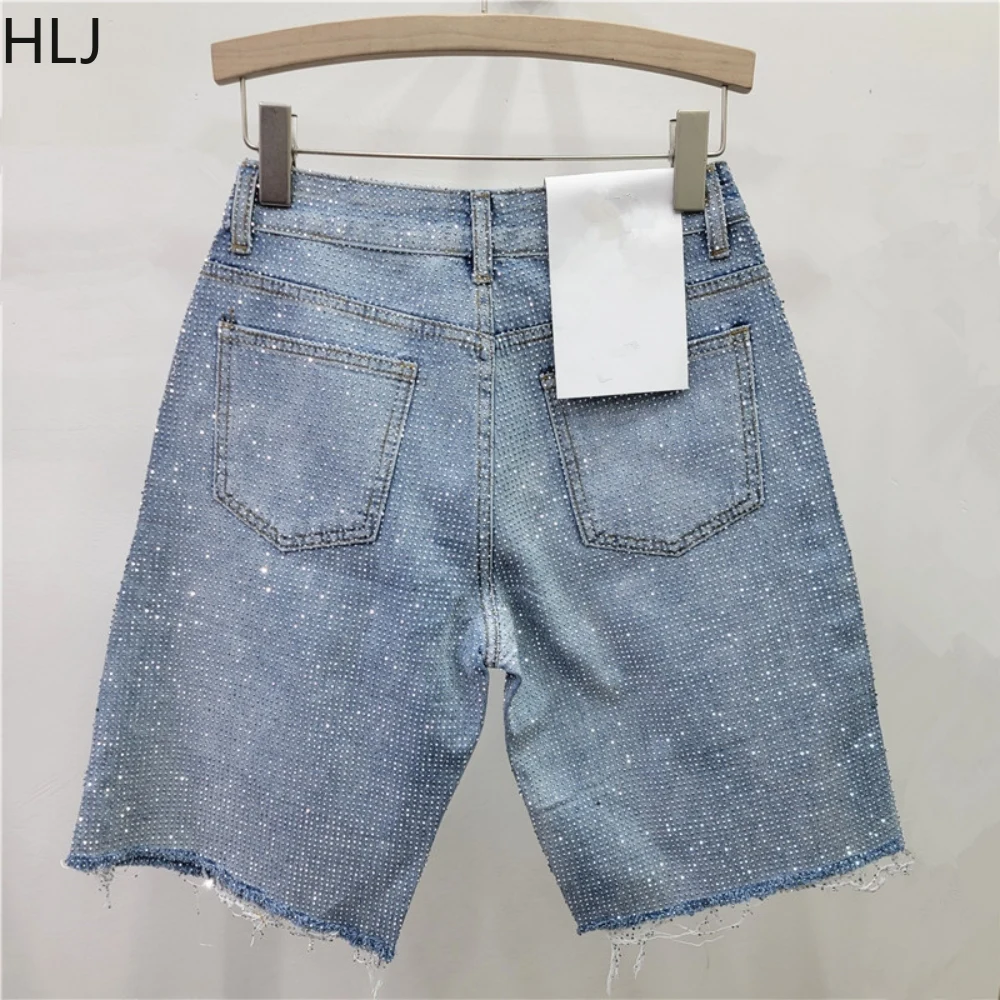 Set Dua Potong Celana Pendek Denim Berkualitas Tinggi HLJ Blue Fashion dengan Hiasan Rhinestone, Atasan Crop Lengan Panjang Kancing Kerah + Celana Pendek Streetwear Wanita