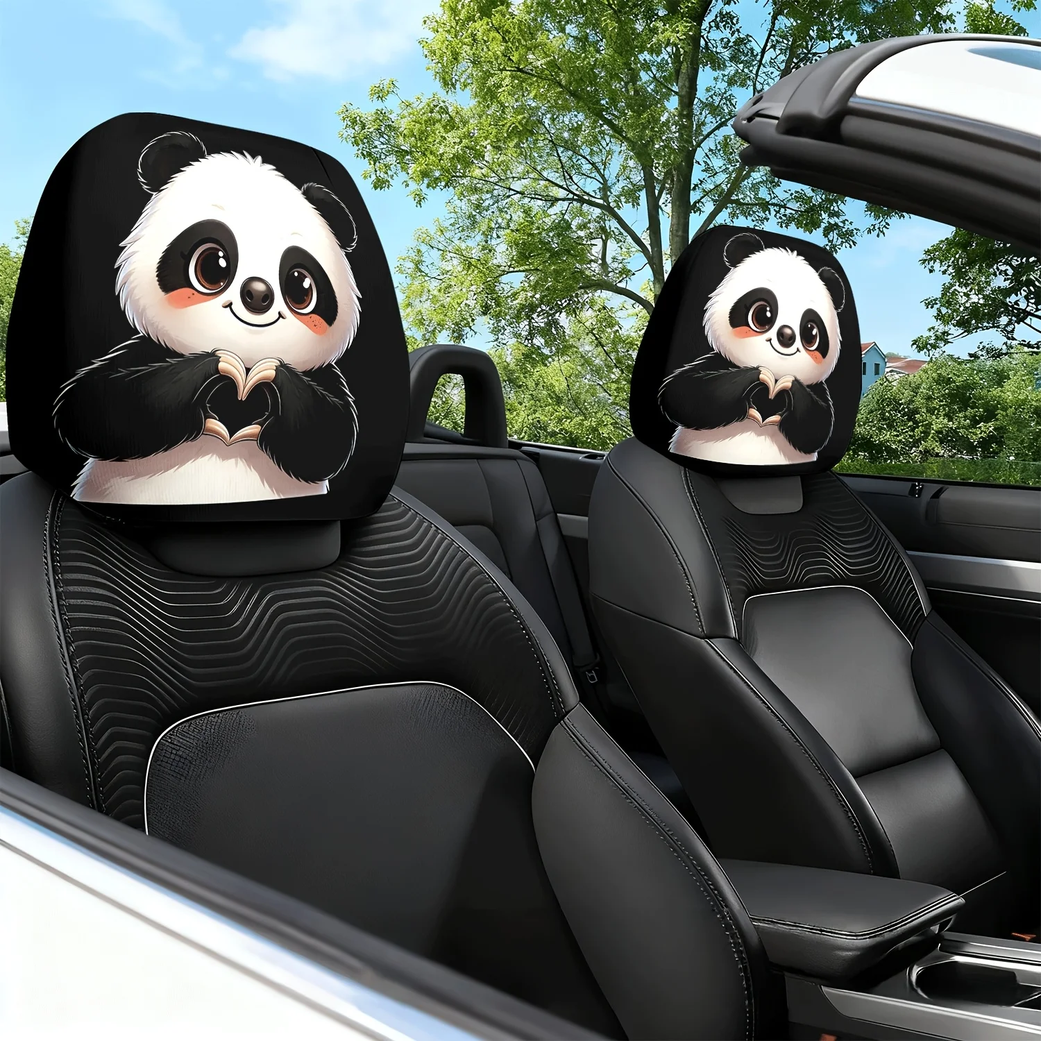 

2pcs Cute Panda Love Heart Gesture Cute Expression Theme Printed Car Seat Cushion Headrest Neck Pillow Protective Cover - with