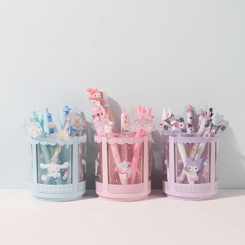 Kawaii Miniso Cinnamoroll My Melody Kuromi Rotating Pen Holder Cartoon Large Capacity Storage Box Makeup Brush Storage Box view 2
