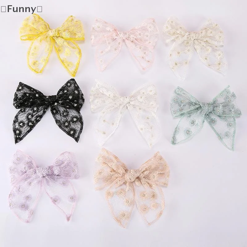 

〔Funny〕Solid Color Elegant Ponytail Decoration Kids Flower Embroidery Lace Bow Hair Clips Hair Accessoreis For Girls
