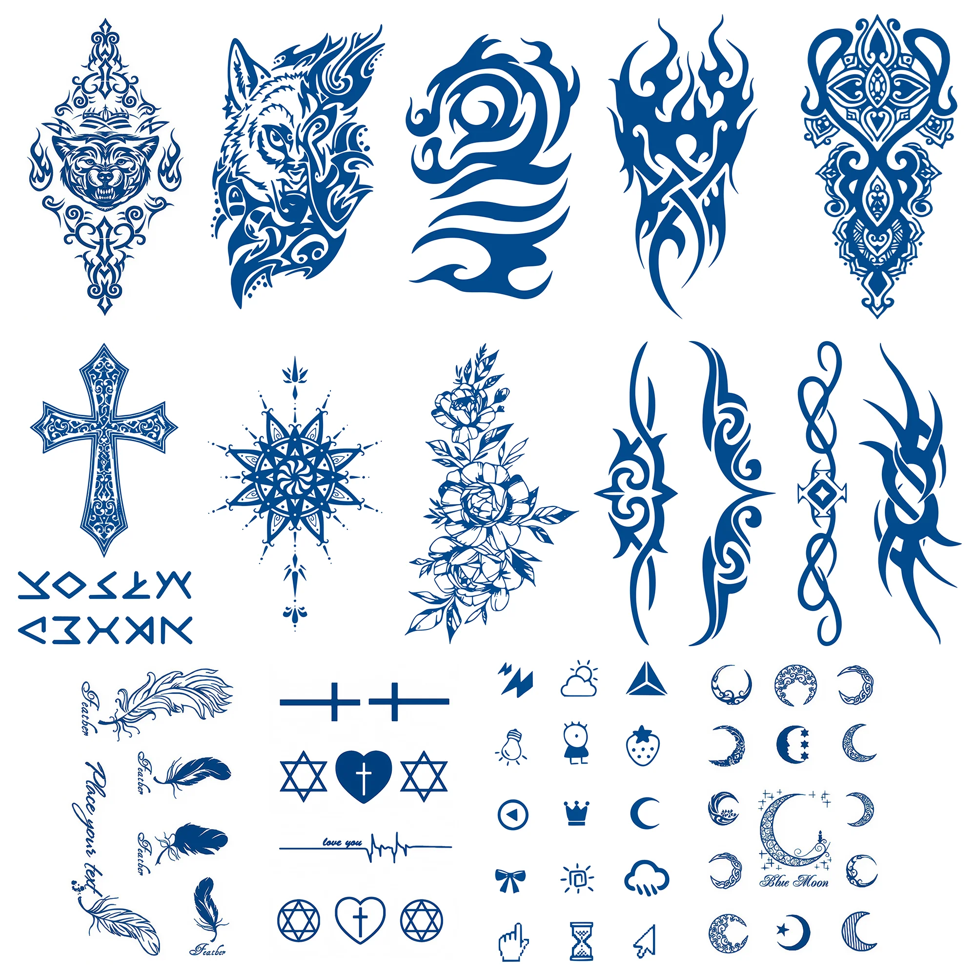 

14 Sheets Blue Temporary Tattoo Stickers, Durable Designs for Body Art, Easy to Apply and Remove, Waterproof Temporary Tattoos