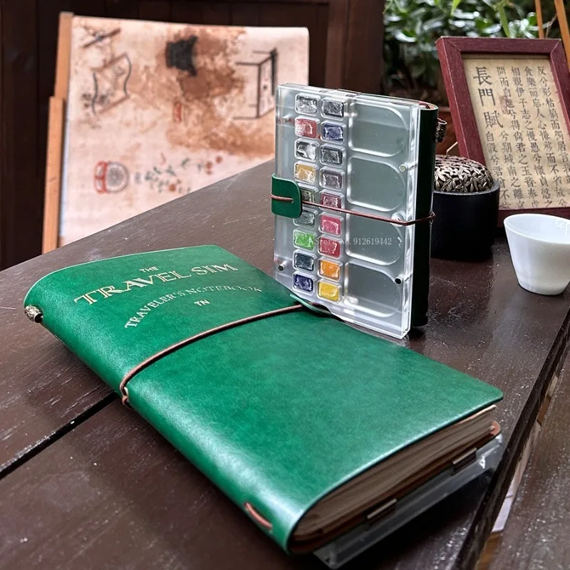 صندوق سحري صغير محمول للسفر بألوان مائية من الجلد مجموعة دفاتر ملاحظات فنية للطلاب في الهواء الطلق لوازم الرسم