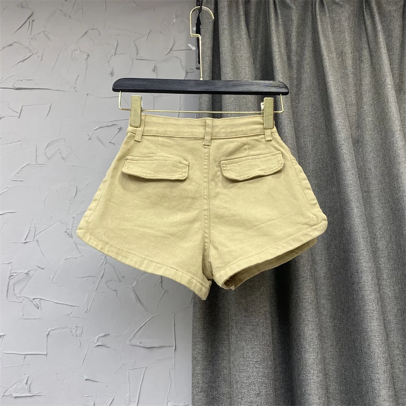 Short en denim cargo décontracté pour femme, poches solides, streetwear taille haute, pantalon basique, mince, vintage, vêtements de mode