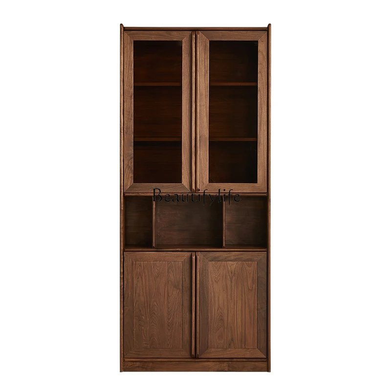 Black Walnut Wooden Bookcase Household Living Room Open Storage Grid Solid Wood Storage Rack with Glass Door