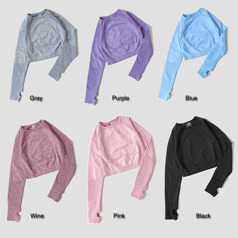 Women Seamless Long Sleeve Crop Top Yoga Shirts with Thumb Hole Running Fitness Workout Gym Sports Top Shirts Sportswear