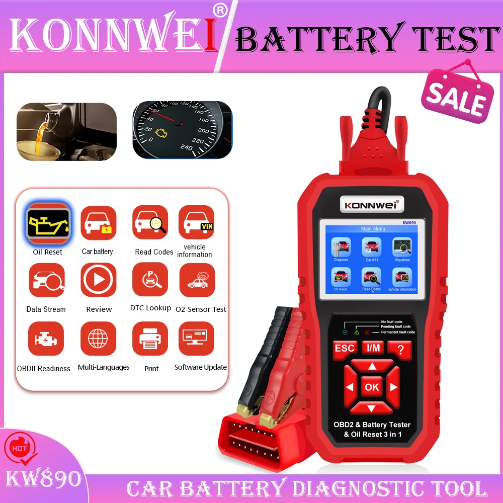KONNWEI autós OBD hibadiagnosztikai eszköz 3 az 1-ben akkumulátortesztelő karbantartási lámpa visszaállítása OBDII szkenner autó akkumulátor töltés szkenner eszköz