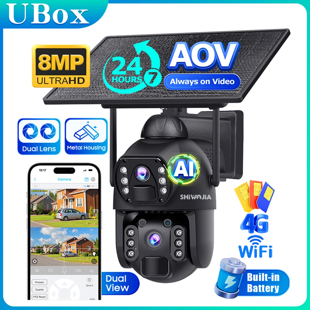 SHIWOJIA 8MP Solar Camera Dual Lens AOV 24-Hour Video Recording Security Camera 4G LTE Wifi Network 2100mAh Battery Auto Trackin