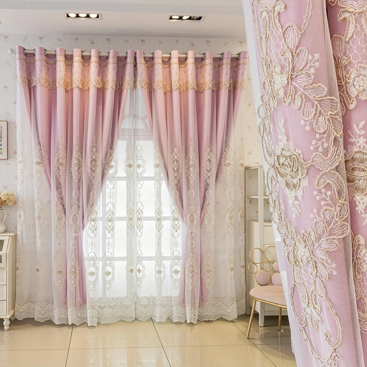

2PC double-layer embroidered pink floral blackout curtains, sun protection, heat insulation, UV blocking, living room, bedroom, dining room, kitchen, European romantic bay window curtains, embroidered curtains, home decoration JUYHGV