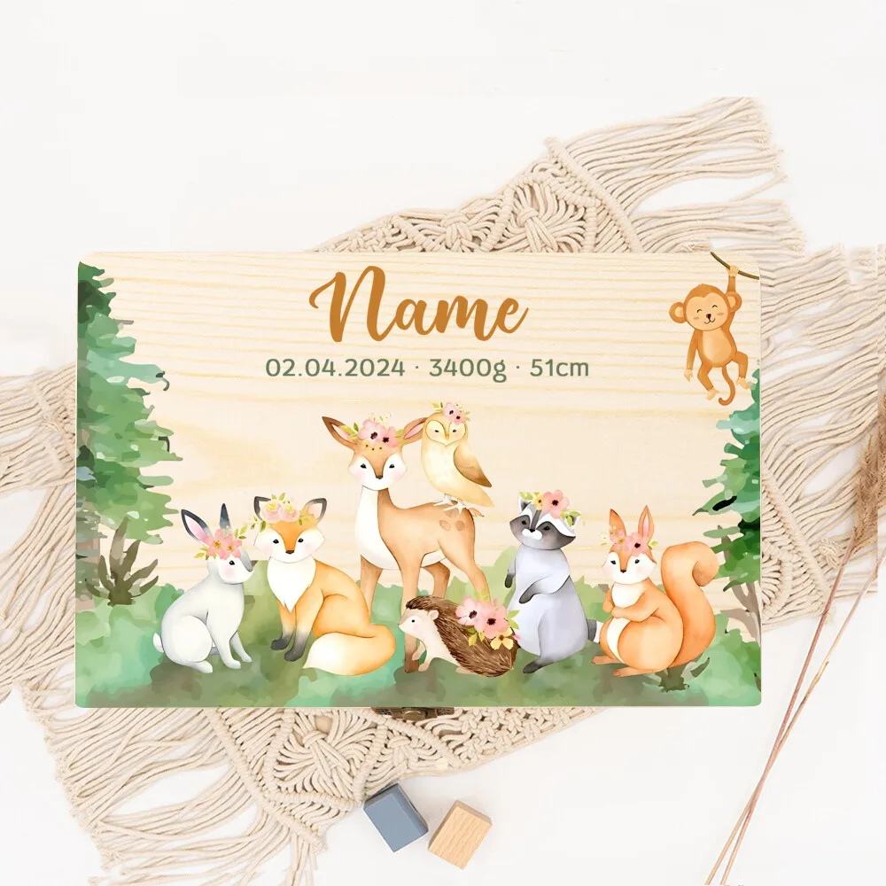 Boîte de mémoire en bois personnalisée pour nouveau-né, boîtes de données de naissance, Keepplex, animaux de la jungle, bébés, cadeau