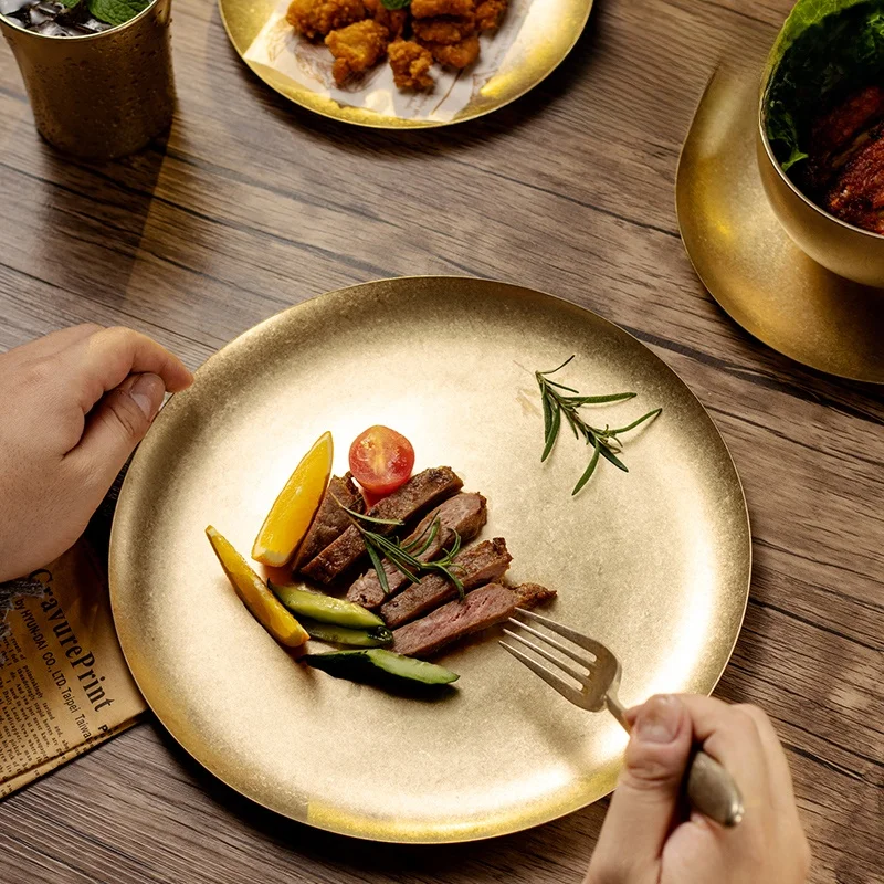 

Gold Snowflake 304 Stainl Steel Plate Luxury Exquisite Restaurant Steak Plate Dert round Plate Banquet l ering Su...