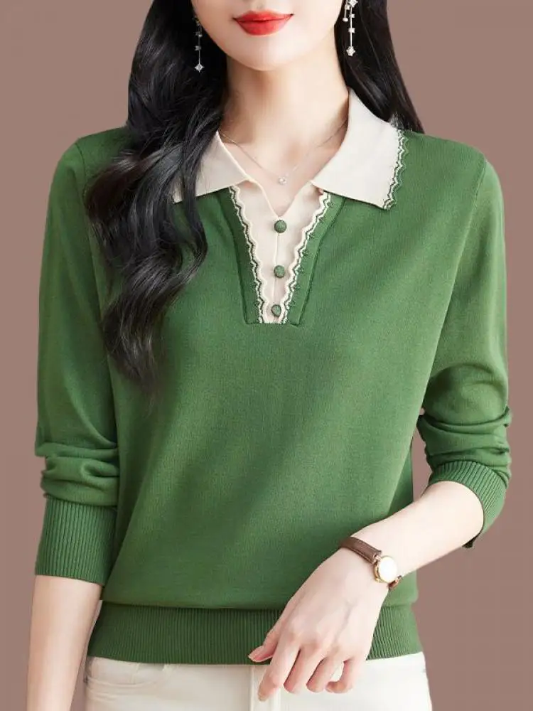 

Korean Fashion Women's Patchwork Elegant Festival Knit Sweater Autumn Winter Long Sleeves Slim Office Lady Versatile Short Tops