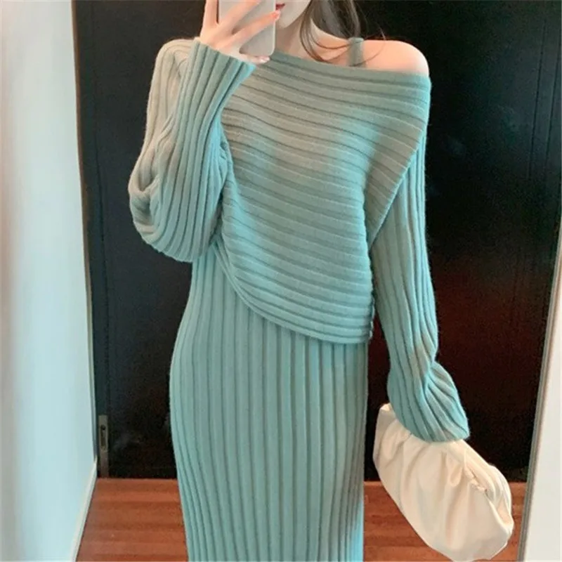 2024 Winter New Slimming Elegant Fashionable Autumn Collection 2-piece Set Women's Knit Sweater Tank Dress Coat E2609