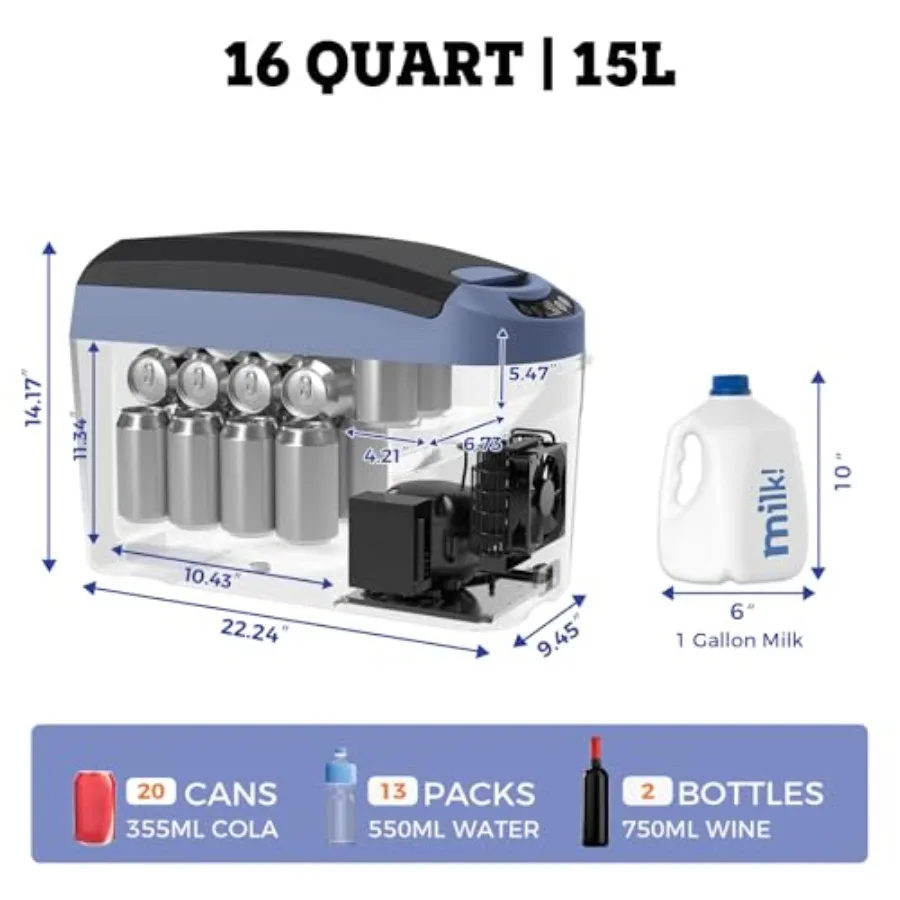 12V portable car refrigerator for camping, RV, and travel; 16-quart 15L electric cooler with aluminum interior, black finish, r