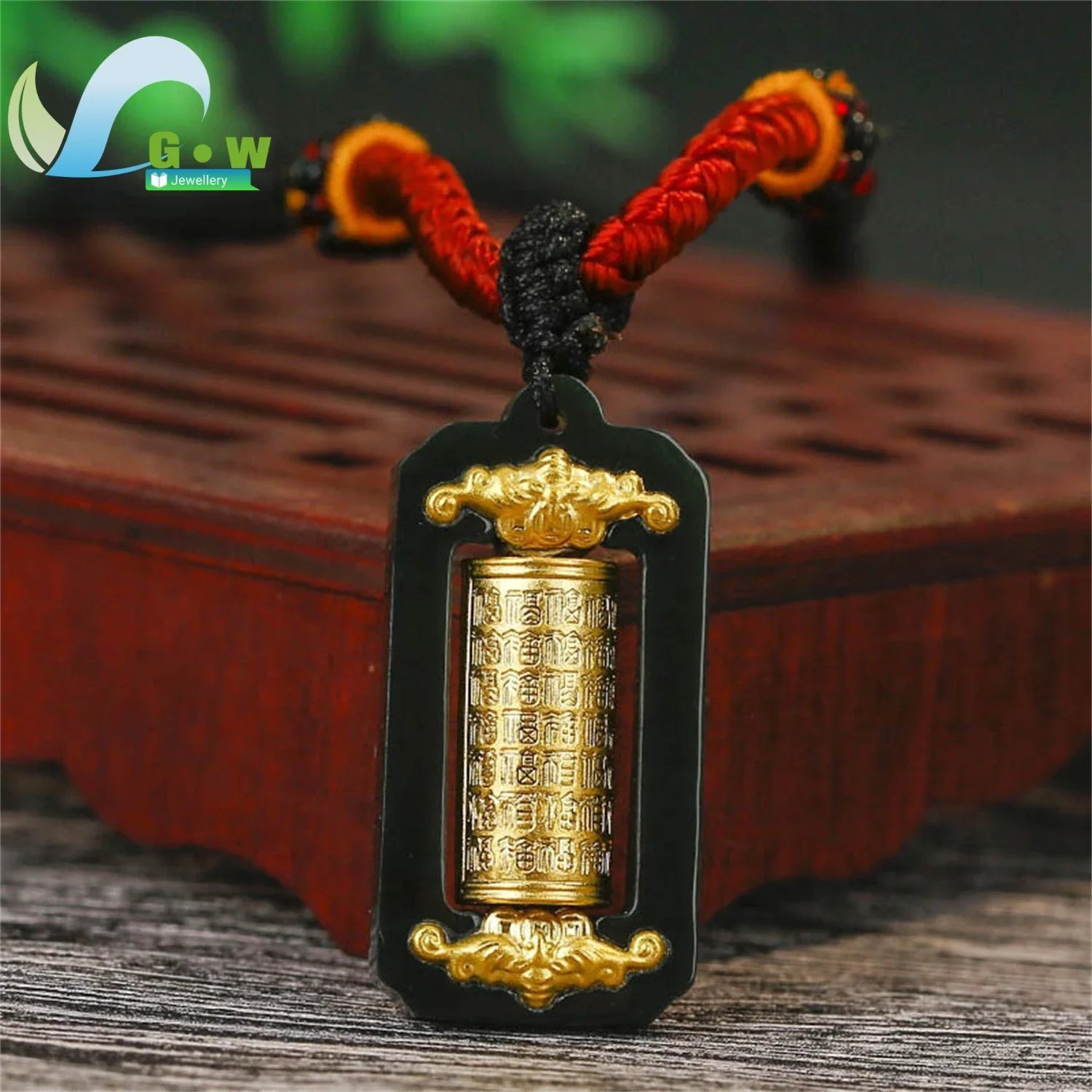 Gold Plated Hetian Black Jade Rotating Cylinder Pendant Necklace with Hundred Blessings Design for Men Women Unisex Jewelry Gift