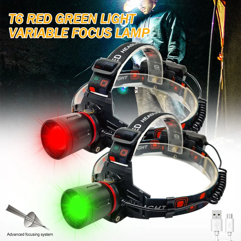 E2 Green/Red/UV Led Head Light Headlamp Zoomable Head Lamp Torch 4 Modes Headlight USB Charging Fishing Hunting Camp Flashlight