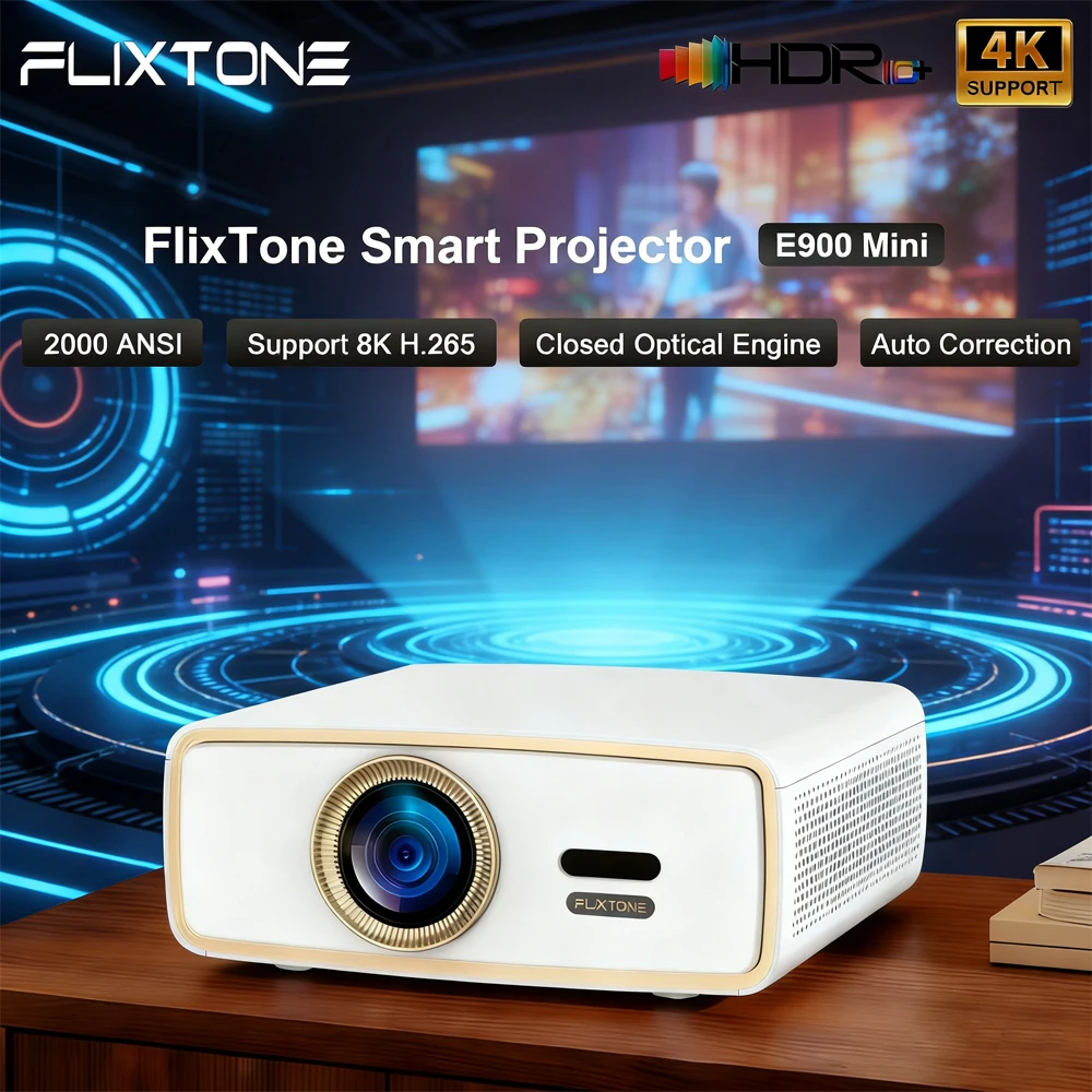 

Мини-проектор Flixtone E900 с поддержкой декодирования 4K и 8K, портативный Android Smart TV-проектор с HDR10 и Wi-Fi для домашнего кинотеатра и кемпинга