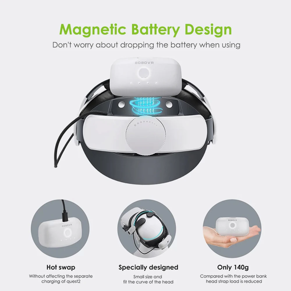 BOBOVR M2 Pro Battery Head Strap with B2 Extra 5200mAh Battery Pack Magnetic Connections Compatible With Meta Oculus Quest 2