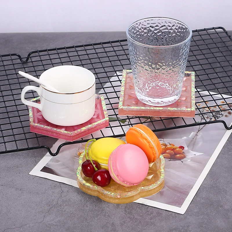 Hollow Coaster Silicone Epoxy Resin Mold DIY Round Square Hexagon Flower Cup Mats Tray Craft Casting Home Decoration