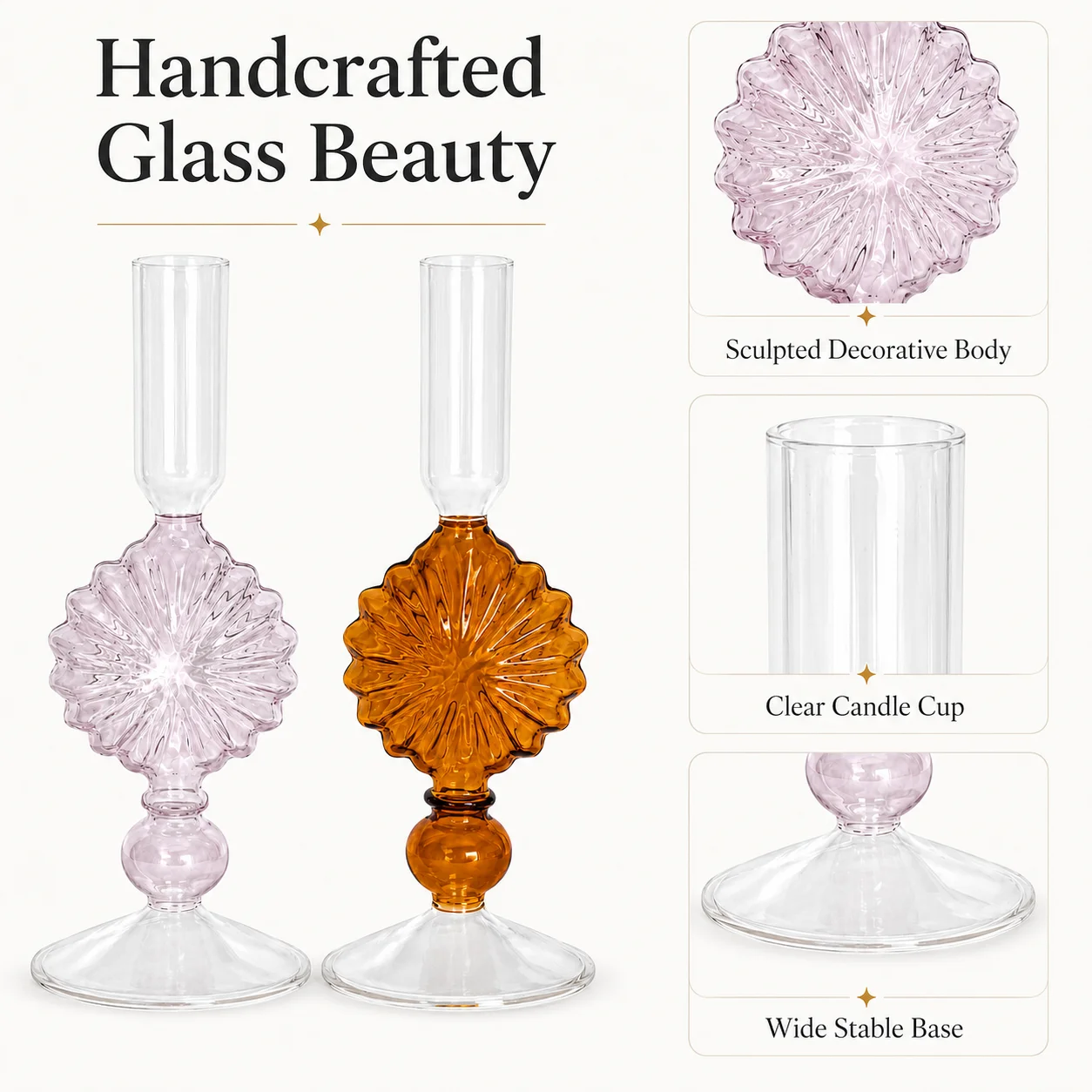 Decorative Glass Candle Holder, Floral Taper Candlestick for Wedding Table Home Decor Pink Amber