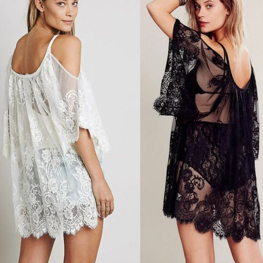 Off Shoulder Lace Beach Cover Up Pareo Playa Coverup Dress Vestido Livre Swimsuit Wear Swimwear White Lace Women Beachwear