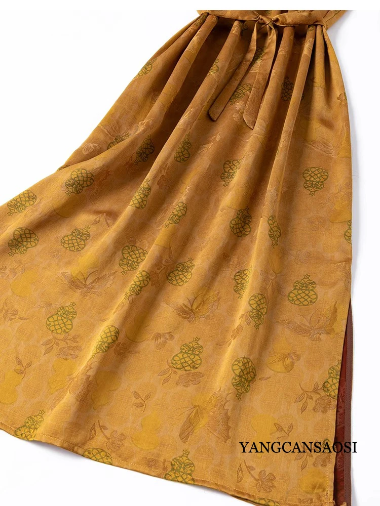 Golden Gourd Jacquard Luxurious 100% Natural Mulberry Silk Gambiered Guangdong Gauze Short Sleeved Women's Fashionable Dress