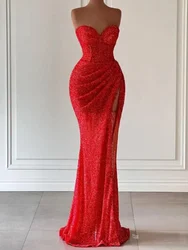 Customized Strapless Sleeveless Evening Dresses Popular Slim Fit Mermaid Gown Wedding Party Dress Sexy Split Sequin Dress Vestid