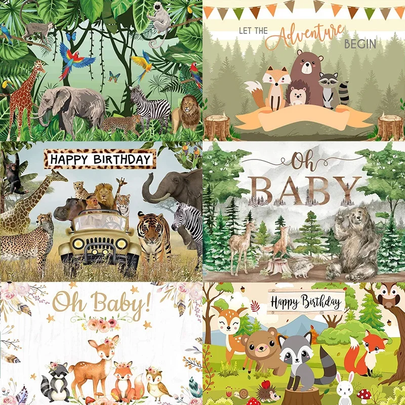 Woodland Forest Friends Tree Mountain Animals Happy Birthday Party Photography Backdrop Background Banner Decoration Baby Shower